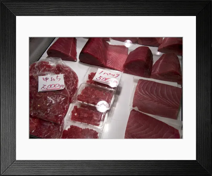 Framed Print : Raw maguro (tuna sashimi) for sale at Tsukiji Wholesale Fish Market, the worlds largest fish market in Tokyo