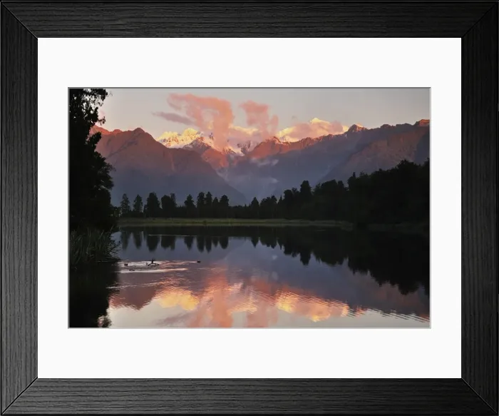 Framed Print : Sunset, Lake Matheson, with Mount Tasman and Mount Cook behind clouds, Westland Tai Poutini National Park, UNESCO World Heritage Site, West Coast, Southern Alps, South Island, New