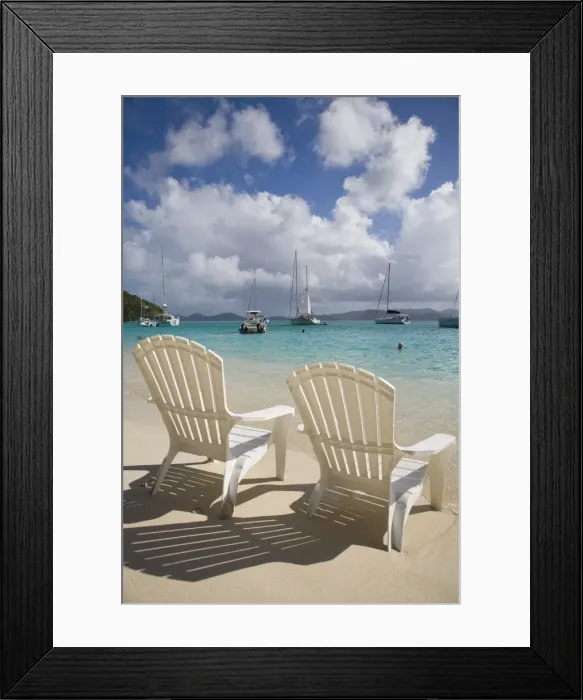 Framed Print : Two empty beach chairs on sandy beach on the island of Jost Van Dyck in the British Virgin Islands Framed Print : Two empty beach chairs on sandy beach on the island of Jost Van Dyck in the British Virgin Islands