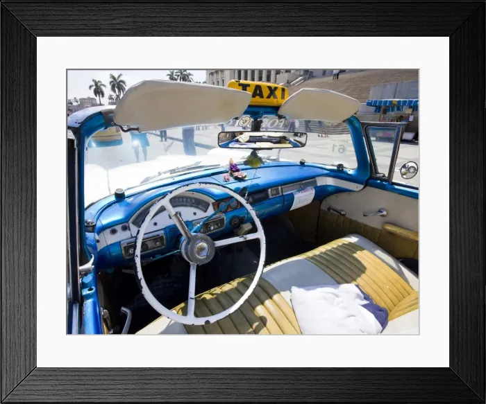 Framed Print : Interior of old American car being used as a taxi showing blue dashboard Framed Print : Interior of old American car being used as a taxi showing blue dashboard