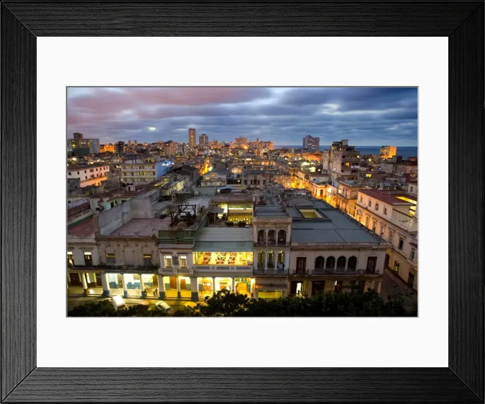 Framed Print : View over Havana Centro at night from 7th floor of Hotel Seville showing contrast of old Framed Print : View over Havana Centro at night from 7th floor of Hotel Seville showing contrast of old