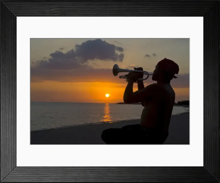 Framed Print : Trumpet player at sunset, Playa Ancon, Trinidad, Cuba, West Indies, Caribbean Framed Print : Trumpet player at sunset, Playa Ancon, Trinidad, Cuba, West Indies, Caribbean