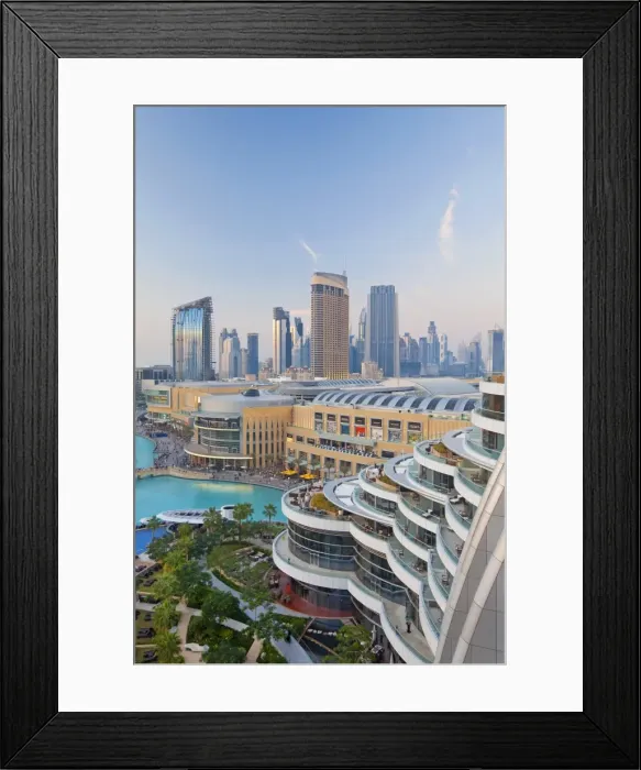 Framed Print : Dubai skyline, elevated view over the Dubai Mall and Burj Khalifa Park Framed Print : Dubai skyline, elevated view over the Dubai Mall and Burj Khalifa Park