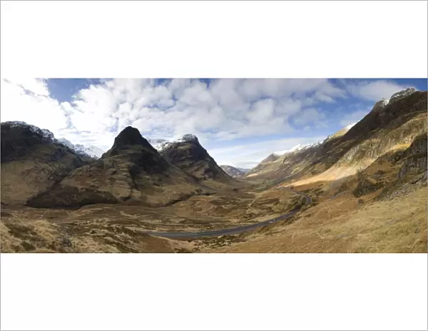 Panoramic view of Glencoe showing The Three Sisters of Glencoe mountains