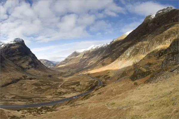 Panoramic view of Glencoe showing The Three Sisters of Glencoe mountains