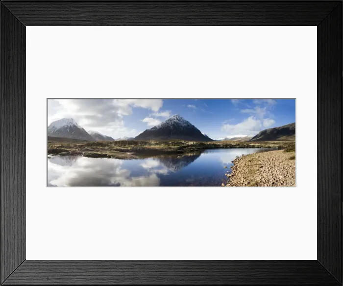 Framed Print : Panoramic view across River Etive towards snow-covered mountains including Buachaille Etive Mor Framed Print : Panoramic view across River Etive towards snow-covered mountains including Buachaille Etive Mor