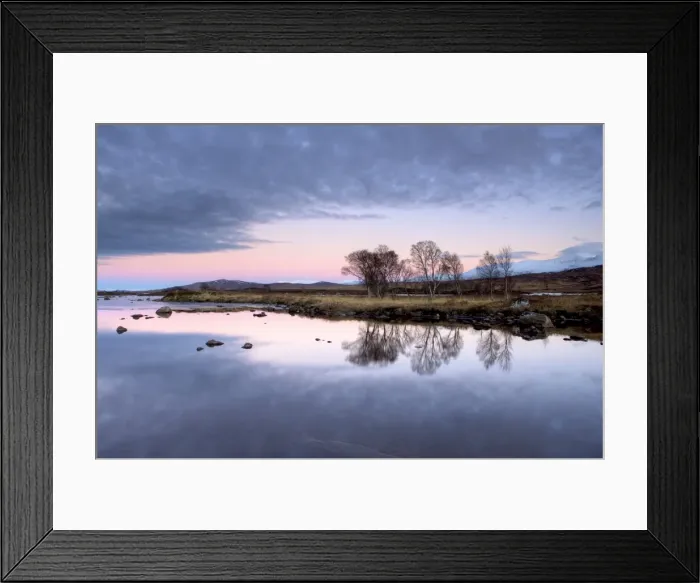 Framed Print : Evening view over flat calm Loch Ba with pink afterglow in sky, reflected in loch Framed Print : Evening view over flat calm Loch Ba with pink afterglow in sky, reflected in loch