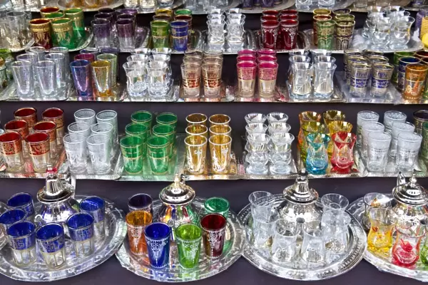 Glasses for sale, Souk, Medina, Marrakech, Morocco, North Africa, Africa
