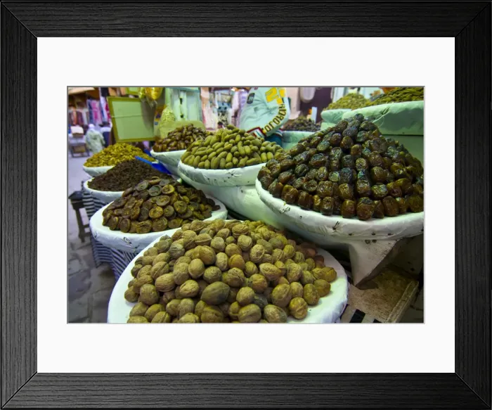 Framed Print : Dates, walnuts and figs for sale in the souk of the old Medina of Fez, Morocco Framed Print : Dates, walnuts and figs for sale in the souk of the old Medina of Fez, Morocco