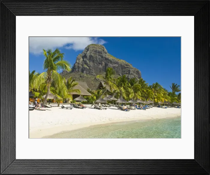 Framed Print : White sand beach of the five star hotel Le Paradis, with Le Morne Brabant in the background Framed Print : White sand beach of the five star hotel Le Paradis, with Le Morne Brabant in the background