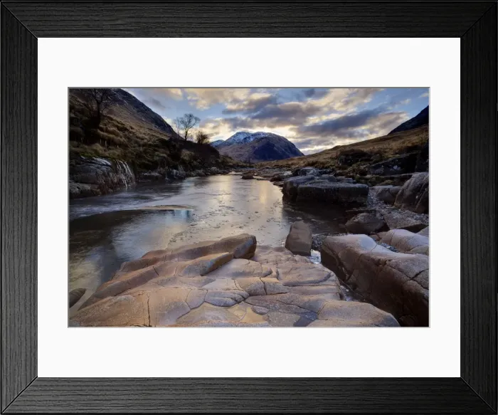 Framed Print : Winter view along partly-frozen River Etive towards distant mountains, Glen Etive Framed Print : Winter view along partly-frozen River Etive towards distant mountains, Glen Etive