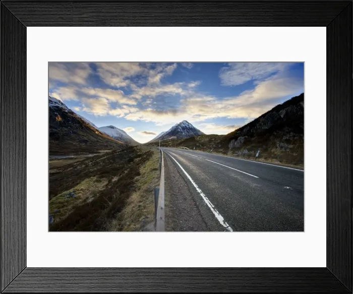 Framed Print : A82 trunk road heading across Rannoch Moor towards Glencoe with snow-covered mountains in distance Framed Print : A82 trunk road heading across Rannoch Moor towards Glencoe with snow-covered mountains in distance