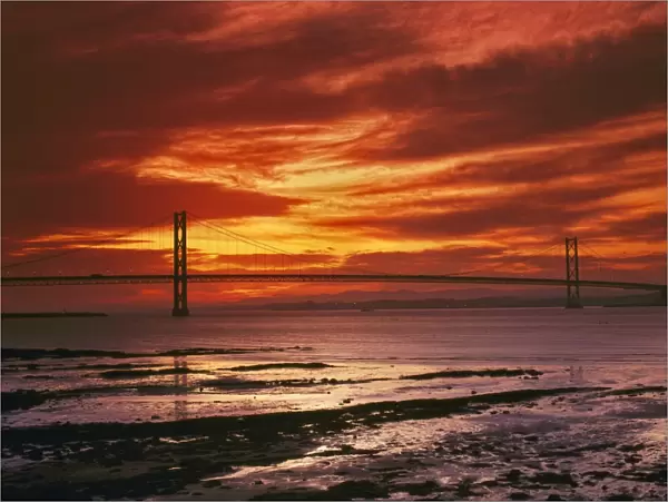 Forth Road Bridge at sunset, crossing the Firth of Forth between Queensferry
