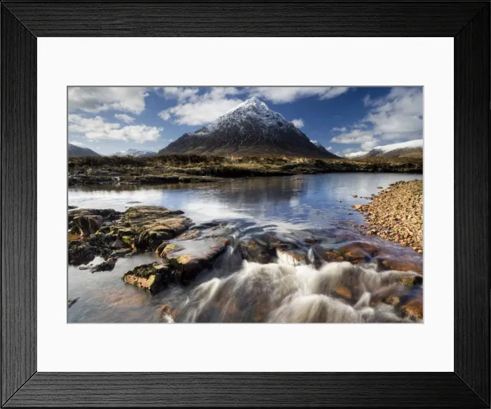 Framed Print : Winter view over River Etive towards snow-capped Buachaille Etive Mor, Rannoch Moor Framed Print : Winter view over River Etive towards snow-capped Buachaille Etive Mor, Rannoch Moor