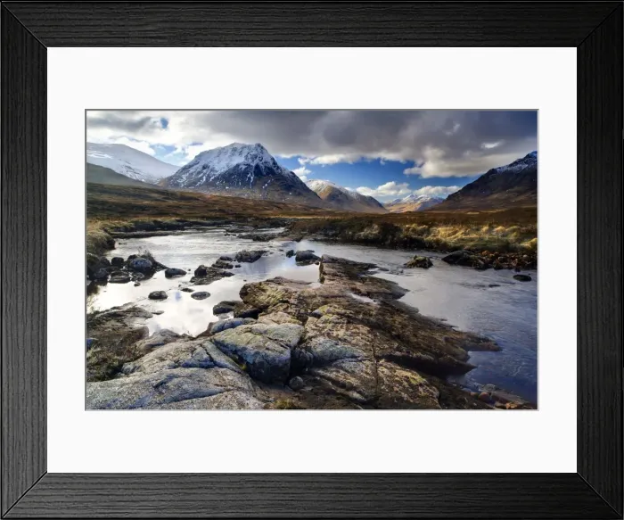 Framed Print : Winter view over River Etive towards snow-capped mountains, Rannoch Moor Framed Print : Winter view over River Etive towards snow-capped mountains, Rannoch Moor