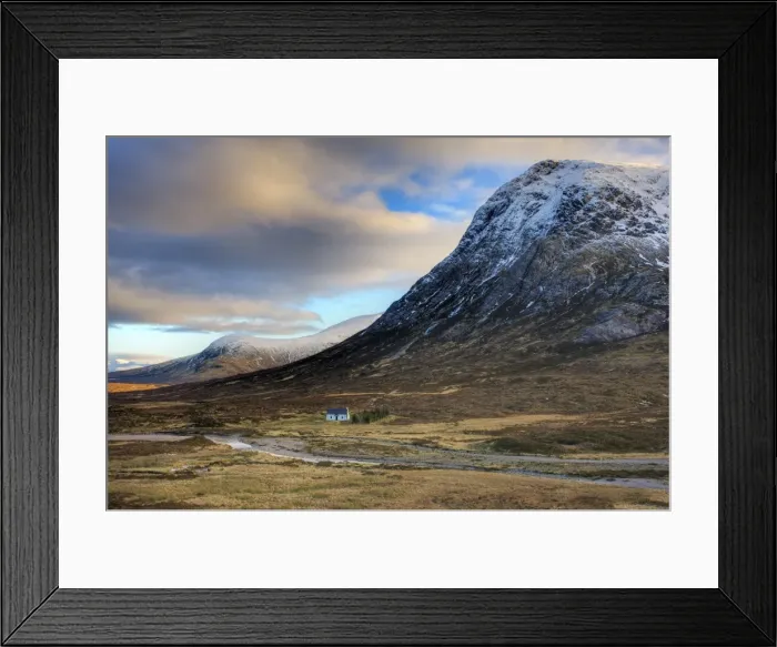 Framed Print : Winter view of Rannoch Moor showing lone whitewashed cottage on the bank of a river Framed Print : Winter view of Rannoch Moor showing lone whitewashed cottage on the bank of a river