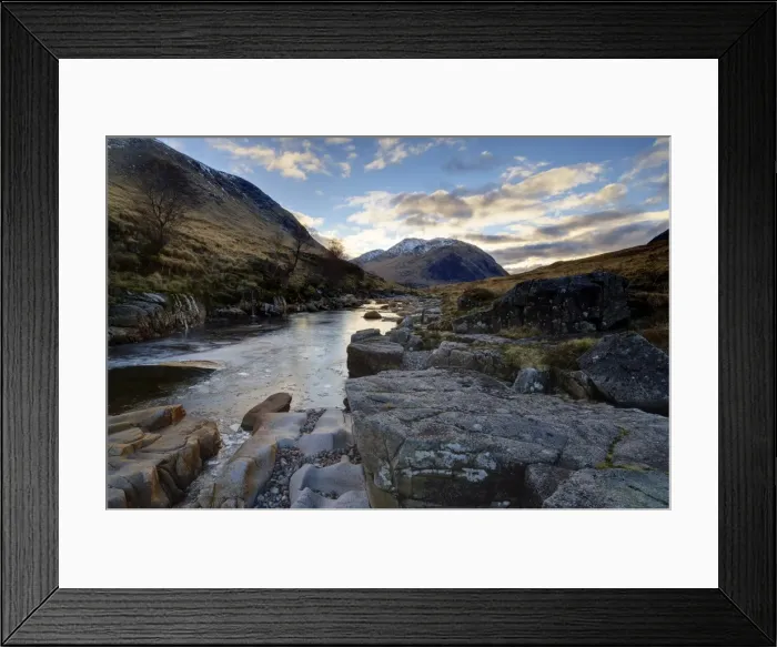 Framed Print : Winter view along partly-frozen River Etive towards distant mountains, Glen Etive Framed Print : Winter view along partly-frozen River Etive towards distant mountains, Glen Etive