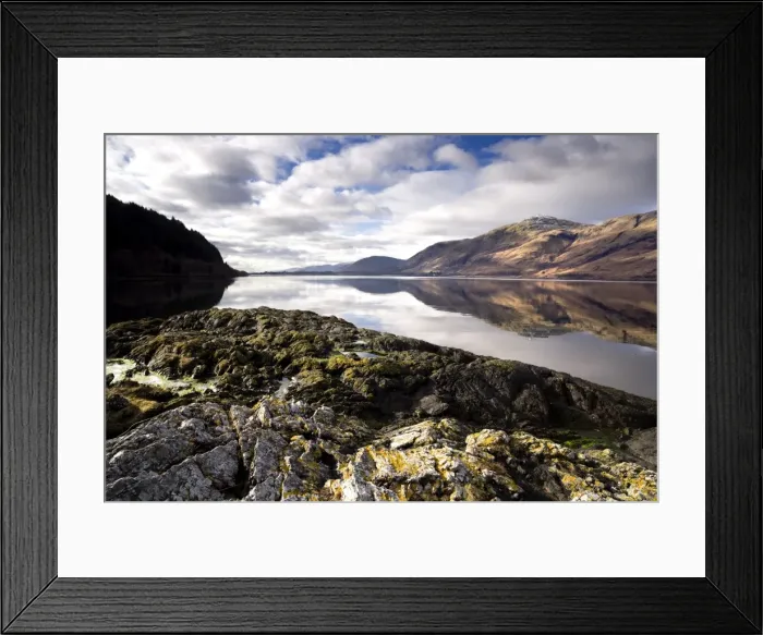 Framed Print : Winter view of Loch Linnhe in calm weather with reflections of distant mountains Framed Print : Winter view of Loch Linnhe in calm weather with reflections of distant mountains