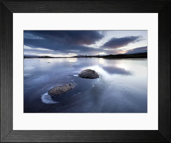 Framed Print : Winter view of Loch Ba at dawn, loch partly frozen with two large rocks protruding from the ice, calm morning, Rannoch Moor, near Fort William, Highland, Scotland, United Framed Print : Winter view of Loch Ba at dawn, loch partly frozen with two large rocks protruding from the ice, calm morning, Rannoch Moor, near Fort William, Highland, Scotland, United