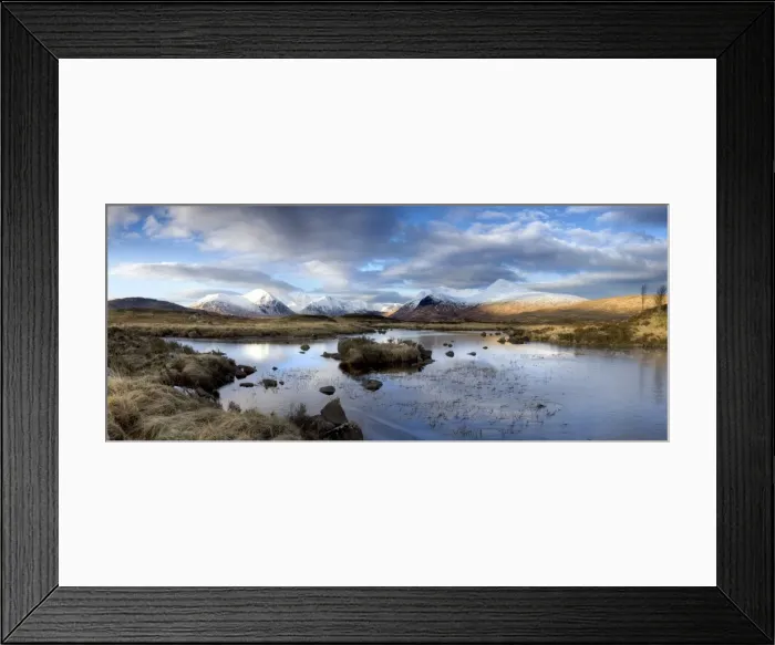 Framed Print : Panoramic view across Lochain Na h Achlaise on clear winter morning towards the snow-covered mountains of the Black Mount range, Rannoch Moor, near Fort William, Highland, Scotland, United Framed Print : Panoramic view across Lochain Na h Achlaise on clear winter morning towards the snow-covered mountains of the Black Mount range, Rannoch Moor, near Fort William, Highland, Scotland, United