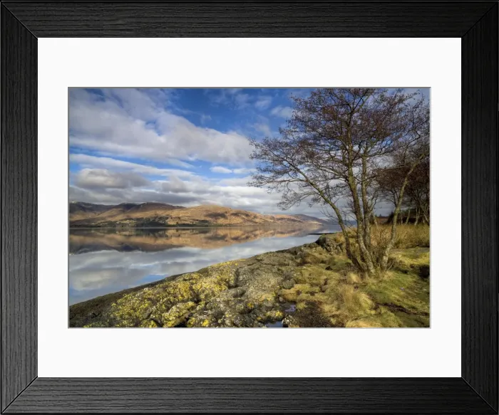 Framed Print : Loch Linnhe in flat calm winter weather with reflections of distant mountains Framed Print : Loch Linnhe in flat calm winter weather with reflections of distant mountains