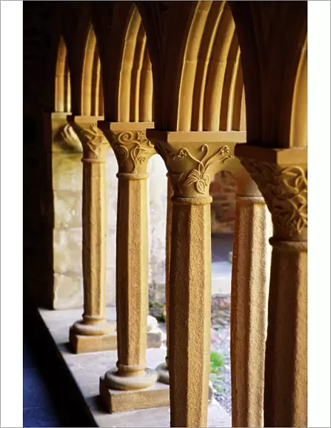 Finely carved capitals in the Cloisters, Iona abbey, Isle of Iona, Scotland
