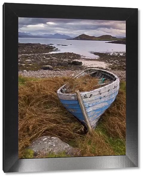 Sunset, old blue fishing boat, Inverasdale, Loch Ewe, Wester Ross, north west Scotland