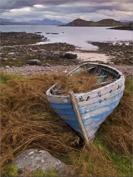 Sunset, old blue fishing boat, Inverasdale, Loch Ewe, Wester Ross, north west Scotland