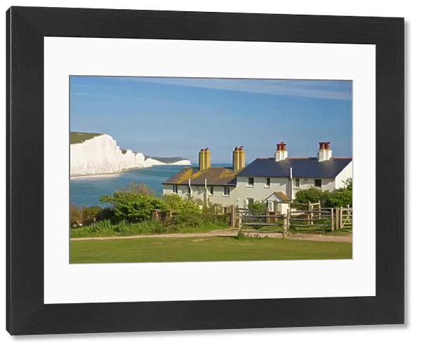 View of The Seven Sisters cliffs, the coastguard cottages on Seaford Head