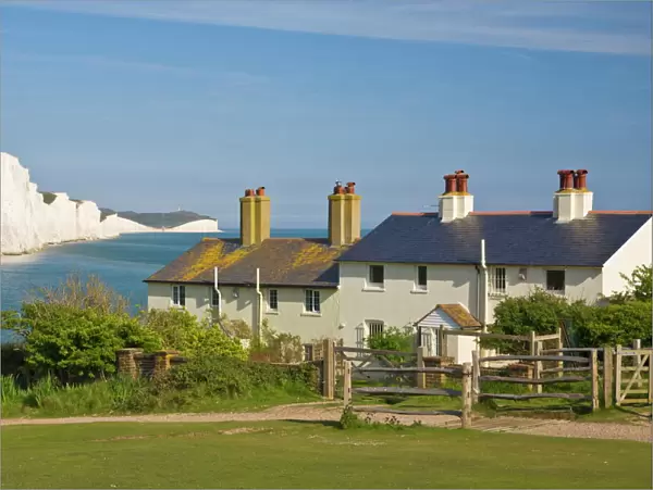 View of The Seven Sisters cliffs, the coastguard cottages on Seaford Head