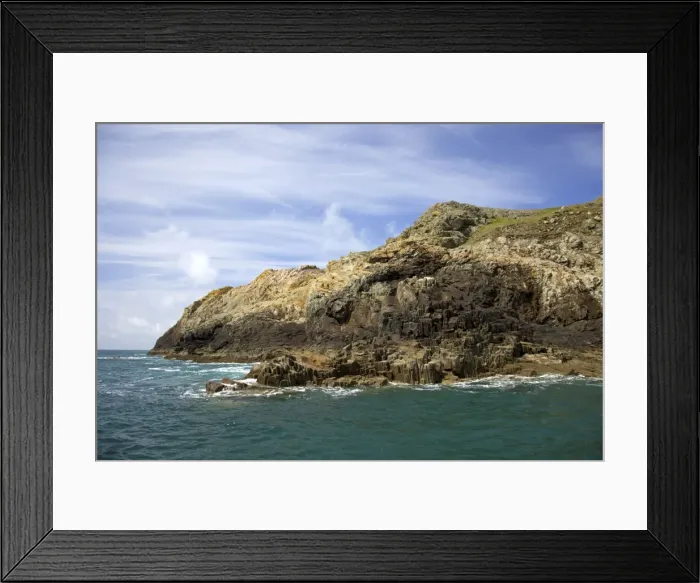 Framed Print : Basalt columns on cliffs in spring sunshine, Pembrokeshire National Park Framed Print : Basalt columns on cliffs in spring sunshine, Pembrokeshire National Park