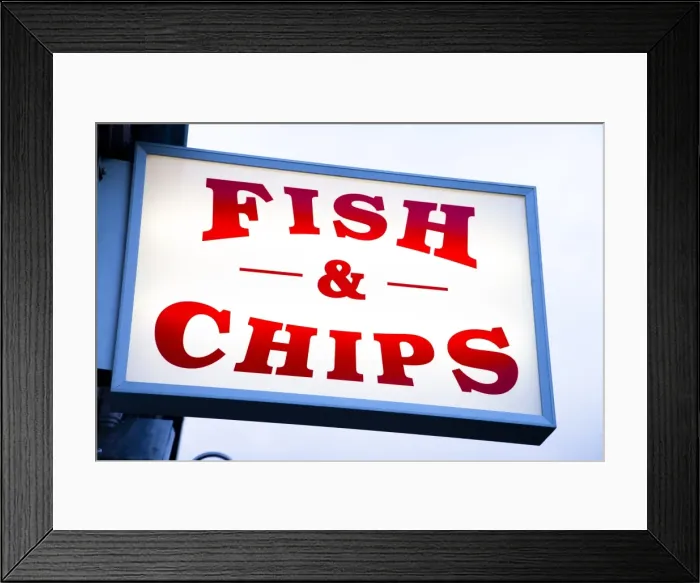 Framed Print : Fish and chips sign in Conwy, Clwyd, Wales, United Kingdom, Europe Framed Print : Fish and chips sign in Conwy, Clwyd, Wales, United Kingdom, Europe