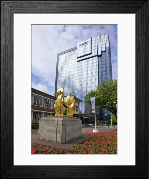 Framed Print : Statue of Boulton, Watt and Murdoch, nicknamed The Golden Boys or The Carpet Salesmen by William Bloye, with Hyatt Hotel from Centenary Square, Birmingham city centre, West Midlands, England, United Framed Print : Statue of Boulton, Watt and Murdoch, nicknamed The Golden Boys or The Carpet Salesmen by William Bloye, with Hyatt Hotel from Centenary Square, Birmingham city centre, West Midlands, England, United