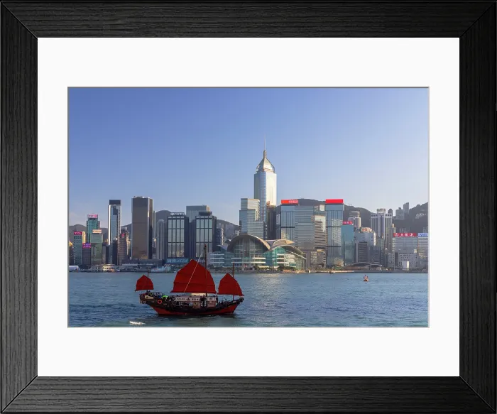 Framed Print : Junk boat and skyline of Hong Kong Island, Wan Chai, Hong Kong Island, Hong Kong Framed Print : Junk boat and skyline of Hong Kong Island, Wan Chai, Hong Kong Island, Hong Kong