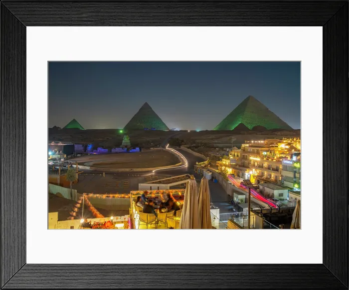 Framed Print : View of Giza Pyramids from rooftop terrace during light show, Cairo, Egypt, Africa Framed Print : View of Giza Pyramids from rooftop terrace during light show, Cairo, Egypt, Africa