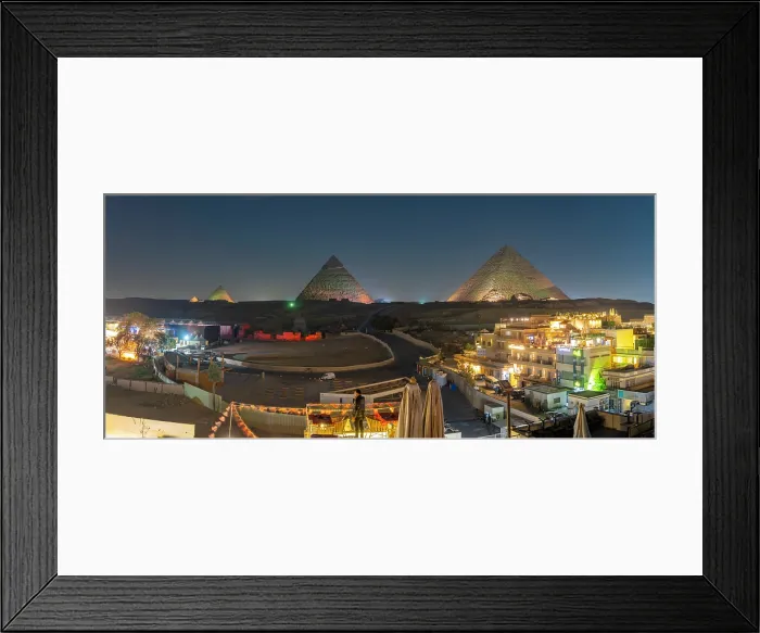 Framed Print : View of Giza Pyramids from rooftop terrace during light show, Cairo, Egypt, Africa Framed Print : View of Giza Pyramids from rooftop terrace during light show, Cairo, Egypt, Africa