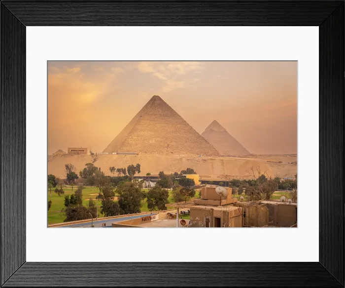 Framed Print : View of the Giza Pyramids from rooftop terrace during golden hour, Giza, Cairo, Egypt, Africa Framed Print : View of the Giza Pyramids from rooftop terrace during golden hour, Giza, Cairo, Egypt, Africa