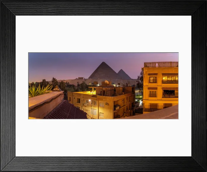 Framed Print : View of the Giza Pyramids from rooftop terrace at dusk, Giza, Cairo, Egypt, Africa Framed Print : View of the Giza Pyramids from rooftop terrace at dusk, Giza, Cairo, Egypt, Africa