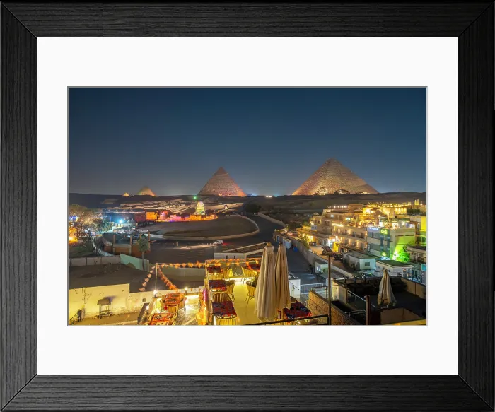 Framed Print : View of Giza Pyramids from rooftop terrace during light show, Cairo, Egypt, Africa Framed Print : View of Giza Pyramids from rooftop terrace during light show, Cairo, Egypt, Africa