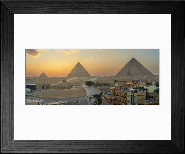 Framed Print : View of Giza Pyramids from rooftop terrace at sunset, Cairo, Egypt, Africa Framed Print : View of Giza Pyramids from rooftop terrace at sunset, Cairo, Egypt, Africa