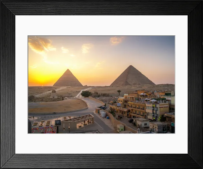 Framed Print : View of Giza Pyramids from rooftop terrace at sunset, Cairo, Egypt, Africa Framed Print : View of Giza Pyramids from rooftop terrace at sunset, Cairo, Egypt, Africa