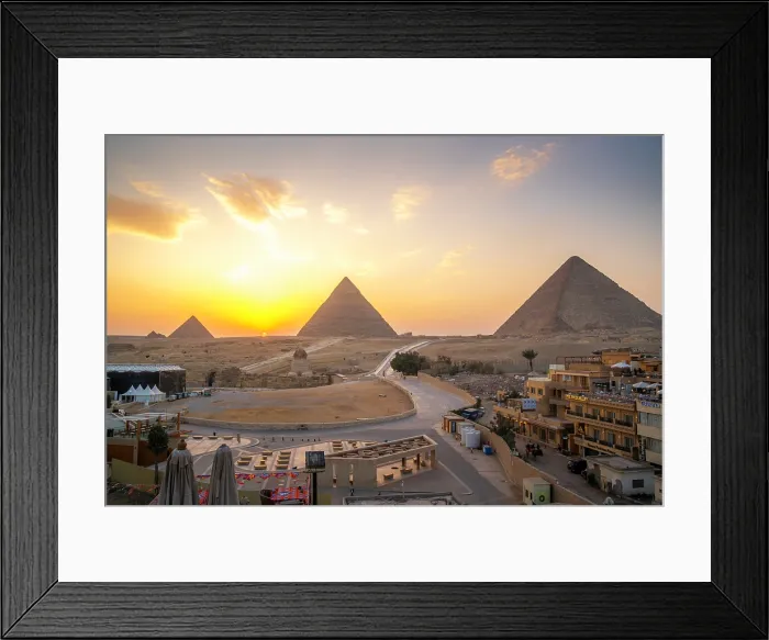 Framed Print : View of Giza Pyramids from rooftop terrace at sunset, Cairo, Egypt, Africa Framed Print : View of Giza Pyramids from rooftop terrace at sunset, Cairo, Egypt, Africa