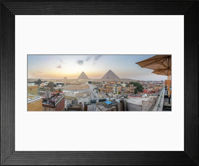 Framed Print : View of Giza Pyramids from rooftop terrace at sunset, Cairo, Egypt, Africa Framed Print : View of Giza Pyramids from rooftop terrace at sunset, Cairo, Egypt, Africa