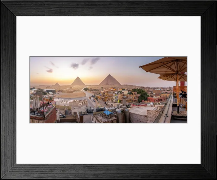 Framed Print : View of Giza Pyramids from rooftop terrace at sunset, Cairo, Egypt, Africa Framed Print : View of Giza Pyramids from rooftop terrace at sunset, Cairo, Egypt, Africa