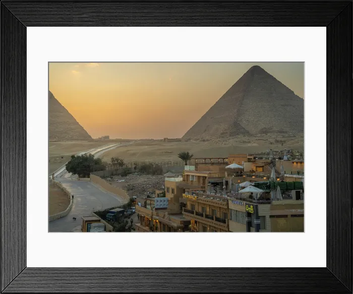 Framed Print : View of Giza Pyramids from rooftop terrace at sunset, Cairo, Egypt, Africa Framed Print : View of Giza Pyramids from rooftop terrace at sunset, Cairo, Egypt, Africa