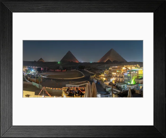 Framed Print : View of Giza Pyramids from rooftop terrace during light show, Cairo, Egypt, Africa Framed Print : View of Giza Pyramids from rooftop terrace during light show, Cairo, Egypt, Africa