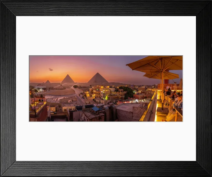 Framed Print : View of Giza Pyramids from rooftop terrace at dusk, Cairo, Egypt, Africa Framed Print : View of Giza Pyramids from rooftop terrace at dusk, Cairo, Egypt, Africa