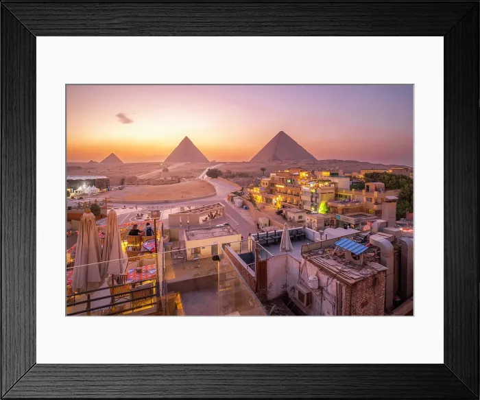 Framed Print : View of Giza Pyramids from rooftop terrace at dusk, Cairo, Egypt, Africa Framed Print : View of Giza Pyramids from rooftop terrace at dusk, Cairo, Egypt, Africa