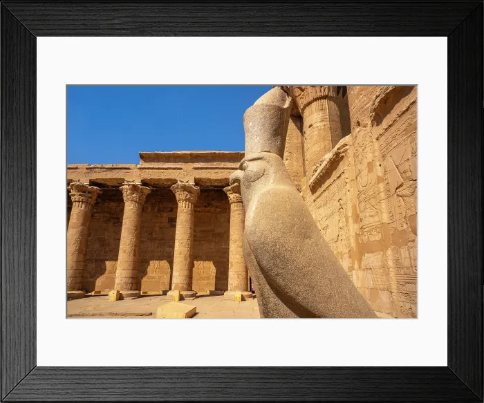 Framed Print : View of statue of Horus the falcon outside the doorway to the sandstone Temple of Horus at Edfu, Egypt, North Africa, Africa Framed Print : View of statue of Horus the falcon outside the doorway to the sandstone Temple of Horus at Edfu, Egypt, North Africa, Africa