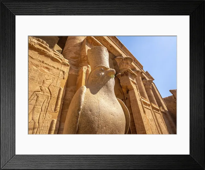Framed Print : View of statue of Horus the falcon outside the doorway to the sandstone Temple of Horus at Edfu, Egypt, North Africa, Africa Framed Print : View of statue of Horus the falcon outside the doorway to the sandstone Temple of Horus at Edfu, Egypt, North Africa, Africa